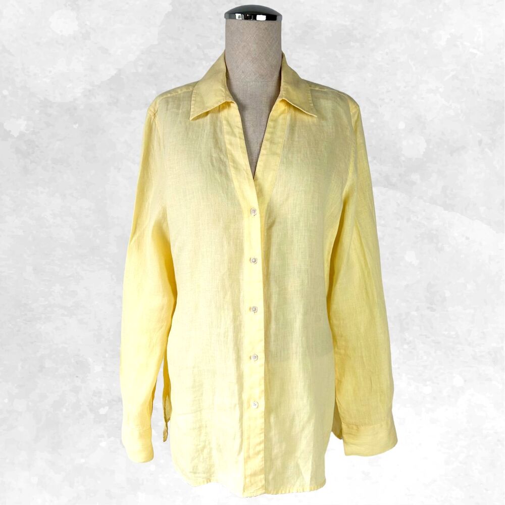 Irish Linen V Neck Long Sleeve Blouse Women's 14 Yellow Collared Talbots